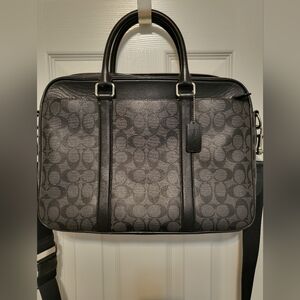 Coach Men's Perry Slim Brief Signature Canvas Zip Top Leather Bag Charcoal